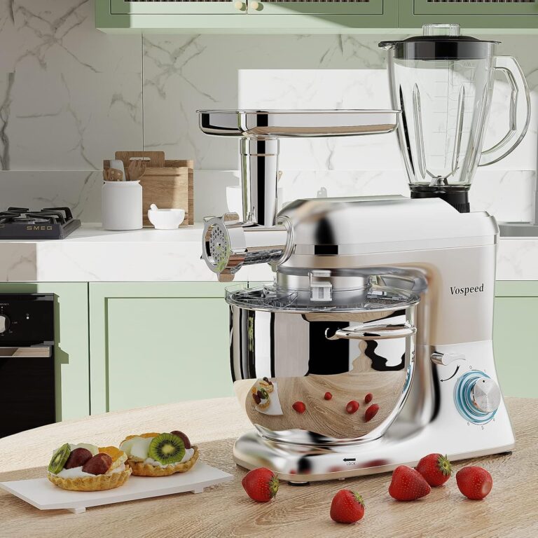 Vospeed 9 IN 1 Stand Mixer, 850W Tilt-Head Multifunctional Electric Mixer with 8 QT Stainless Steel Bowl, 1.5L Glass Jar, Meat Grinder, Hook, Whisk, Beater Dishwasher Safe (Silver) - Image 2
