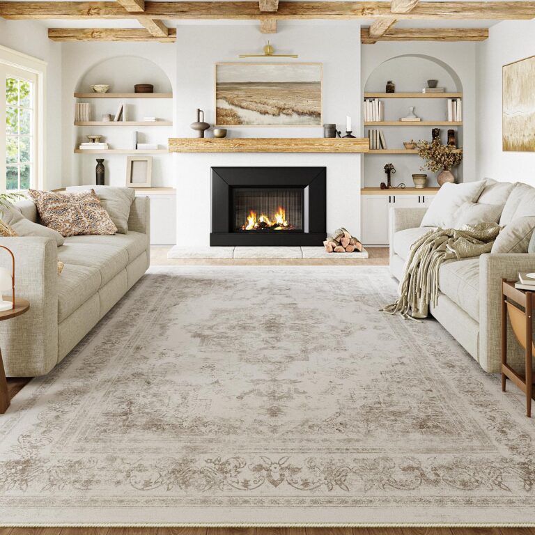 PureCozy Vintage Area Rug 9x12 Indoor Living Room Light Gray Washable Medallion Large Carpet Traditional Retro Accent Throw Rug Low Pile Non Slip Distressed for Kitchen Office Dining Room Bedroom