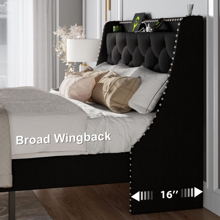 Feonase Full Size Bed Frame with Luxury Wingback and Fast Charging Station,Full Upholstered Button Tufted Storage Headboard Platform Bed,Sturdy Wooden Slats Support,Noise-Free,Easy Assembly,Black - Image 5