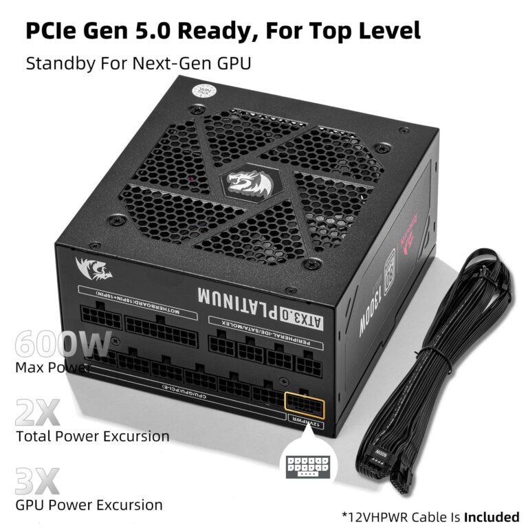 Redragon PSU018 80+ Platinum 1300 Watt ATX 3.0 Fully Modular Power Supply, 80 Plus Certified, 100% Japanese Capacitors & Low Noise Smart-ECO 0 RPM Fan, Full Mod Cables w/12VHPWR Cable, Black - Image 6