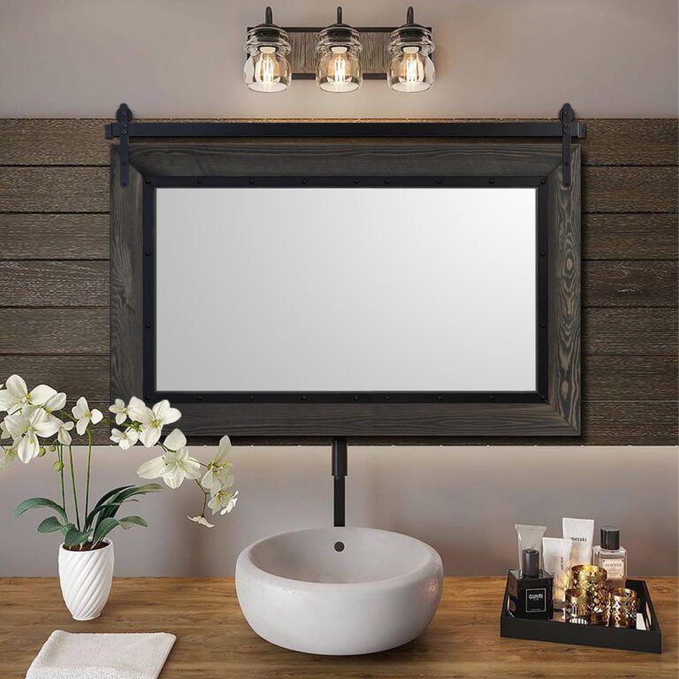 YOSHOOT Farmhouse Barn Door Mirror, 40"x26" Rustic Bathroom Mirror, Wood Frame Wall Mirror, Wooden Mirror for Living Room Bedroom Entryway Wall Décor, Horizontal Hanging ONLY - Image 3