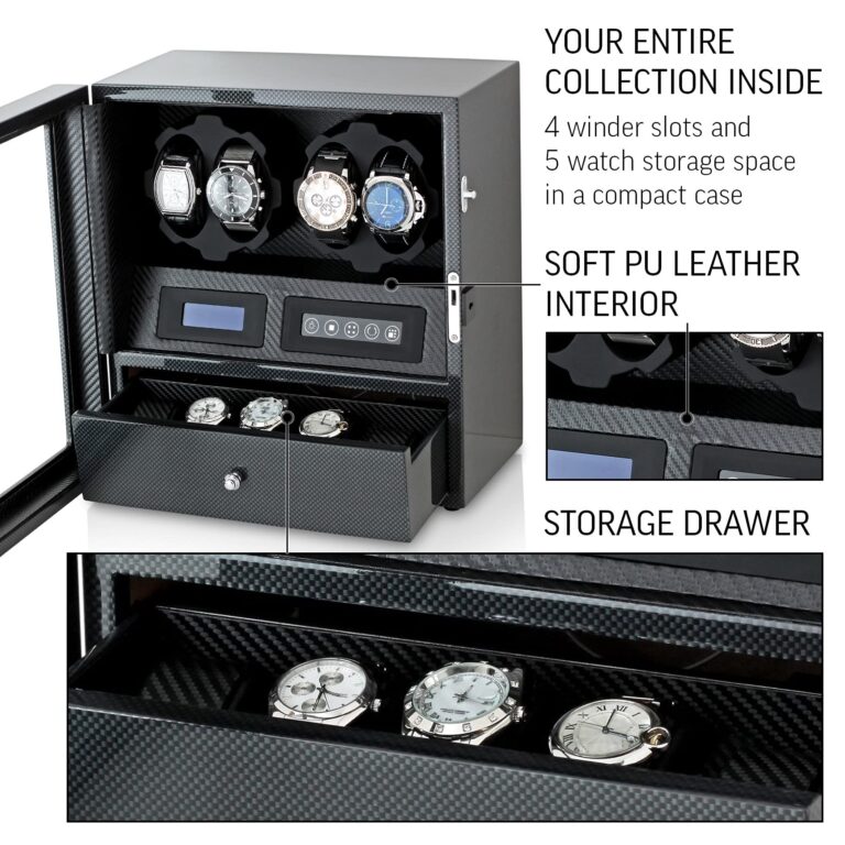 4 Watch Winder with 5 Watch Storage Space, LCD Display, Touch Control and Interior Light (Carbon + Black) - Image 3
