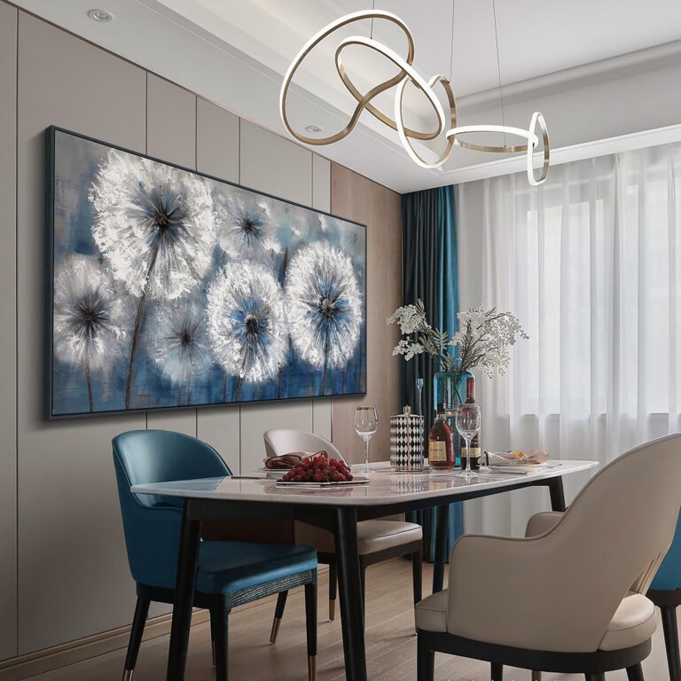 Pogusmavi Dandelion Wall Art Blue Wall Decor Painting Living Room Plant Pictures Framed Paintings for Wall Decorations Artwork for Walls Dining Room Decor 29x58 Black Framed - Image 5