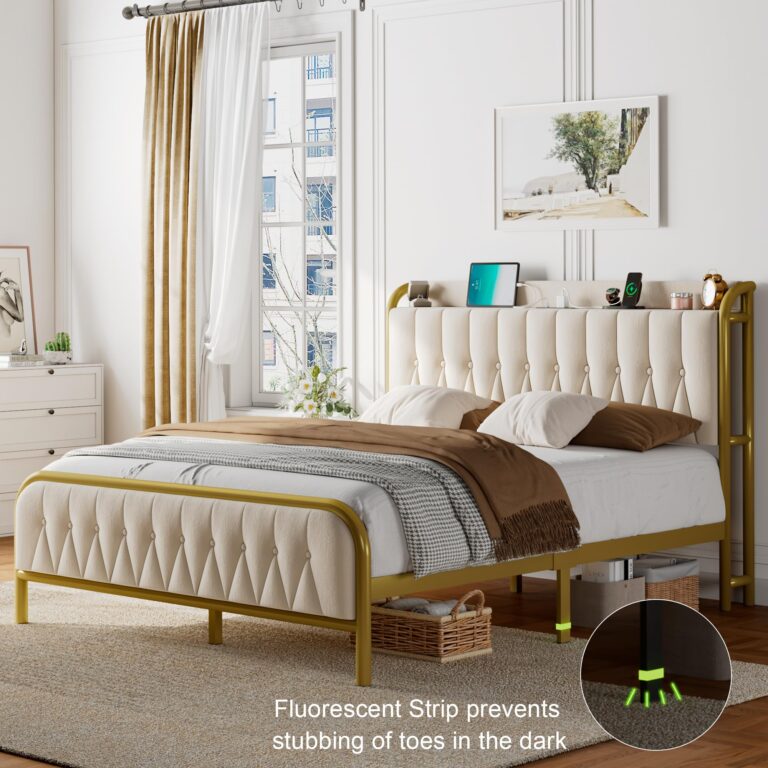 Feonase Velvet Full Size Bed Frame with Fast Charging Station,Full Metal Platform Beds with Upholstered Headboard & Footboard,12" Underbed Storage Space,Easy Assembly,Noise-Free,Beige - Image 6