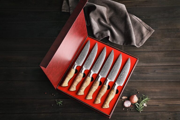 HEZHEN 6PCS Kitchen Knife Set Professional Forged Damascus High Carbon Steel Steak Knife Figured Sycamore Wood Handle-Porcelain Gift Package - Image 3