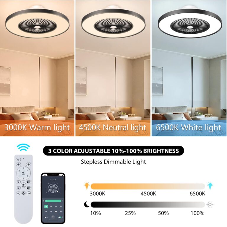 KAMLAM 24" Bladeless Ceiling Fan with Light, Low Profile Ceiling Fan, Modern Flush Mount Ceilings Fans with Remote & APP Control, Enclosed Ceilings LED Dimmable Lighting Black - Image 7