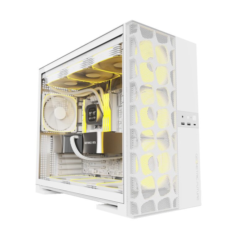 Geometric Future M5 Vent Mesh Panel Tempered Glass Mid Tower, E-ATX/ATX Gaming Case, High Airflow, 1.2mm Steel, Type C, Support 420/360 Radiator, ARGB PWM 140m fan x 5 Pre-Installed, White, GEO-M5VF-W - Image 2