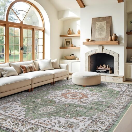 RUUGME Washable 9x12 Area Rugs - Large Boho Rugs for Living Room Kitchen Stain Resistant Carpet Vintage Tribal Rugs for Bedroom with Non Slip Backing Decor Floor Decoration Mat 9x12 Sage/Green