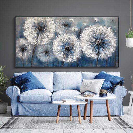 Pogusmavi Dandelion Wall Art Blue Wall Decor Painting Living Room Plant Pictures Framed Paintings for Wall Decorations Artwork for Walls Dining Room Decor 29x58 Black Framed