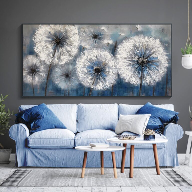 Pogusmavi Dandelion Wall Art Blue Wall Decor Painting Living Room Plant Pictures Framed Paintings for Wall Decorations Artwork for Walls Dining Room Decor 29x58 Black Framed