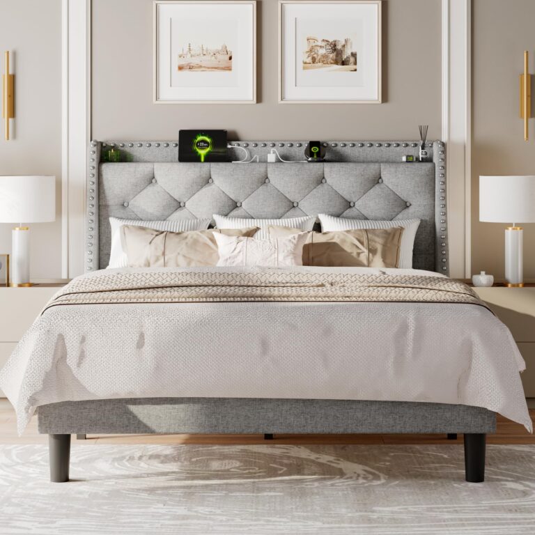 Feonase Full Size Bed Frame with Luxury Wingback and Fast Charging Station,Full Upholstered Button Tufted Storage Headboard Platform Bed,Sturdy Wooden Slats Support,Noise-Free,Easy Assembly,Light Gray - Image 6