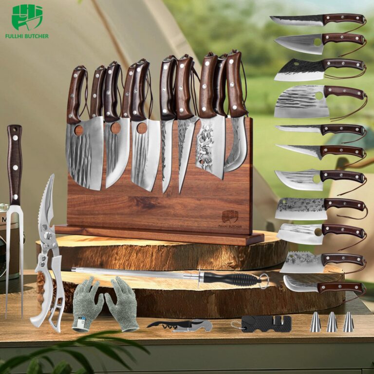 FULLHI 19pcs Butcher Chef Knife Block Set with Meat Fork Scissors Knife Holder, High Carbon Steel Full Tang Cleaver Kitchen Knife Set for Home, BBQ, Camping - Image 2