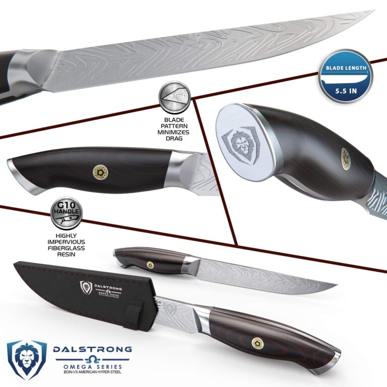 Dalstrong Steak Knife Set - 4 Piece - 5 inch Blade - Omega Series - BD1N-V Hyper Steel Kitchen Knife - G10 Woven Fiberglass Handle - Razor Sharp Knife - Leather Sheath Included - Image 7