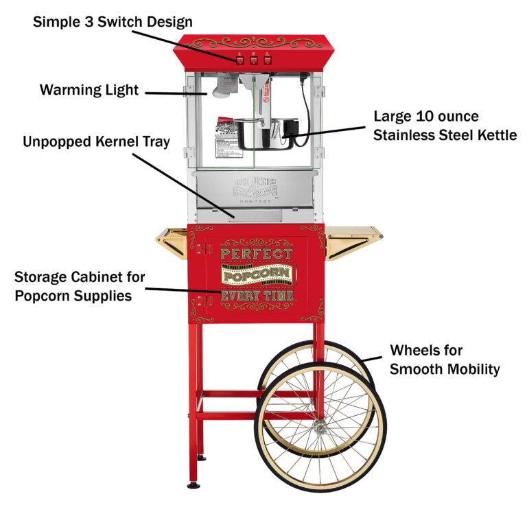 Great Northern Popcorn Company 5995 GNP Red 10oz. Full Perfect Popper Popcorn Machine with Cart and Stainless-Steel Kettle, Warming Light, and Accessories, 10oz, Red - Image 5