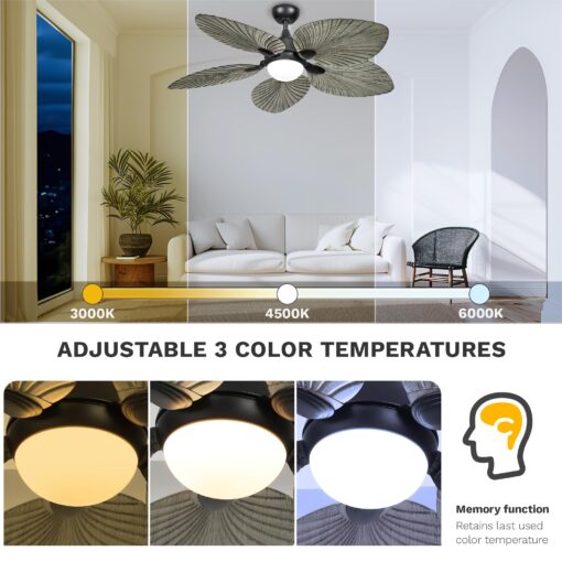 DWVO 52" Tropical Ceiling Fan with Light & Remote, LED Tri-Color Temperature, 5 Blade Ceiling Fans Reversible 6 Speeds w/Quiet DC Motor for Bedroom, Living Room, Dining Room, Patio - Image 5
