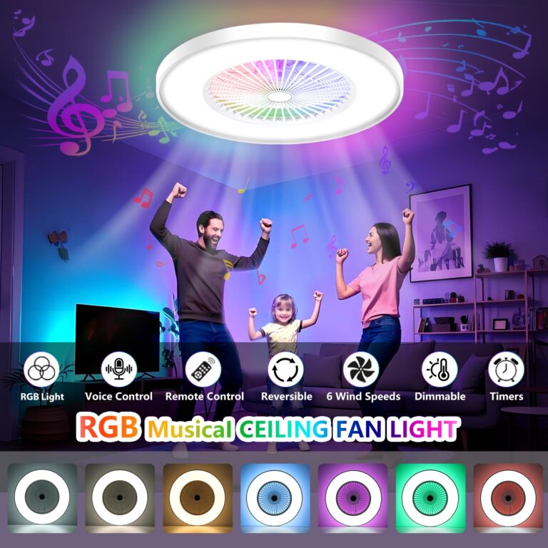 KAMLAM 24" Low Profile Ceiling Fans with Lights, Bladeless Ceiling Fan with RGB Light, Alexa/Google Assistant Remote/APP Control, Enclosed Flush Mount Ceiling Fan Dimmable Color Changing LED Ambient - Image 4