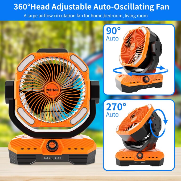 WESTTREE Battery Operated Large Airflow Fan,45000mAh Rechargeable Camping Cordless Fan with 360°Auto Oscillation & Timer, Queit Battery Powered Tent Fans Portable with RGBW Lights for Home X66 Orange - Image 6