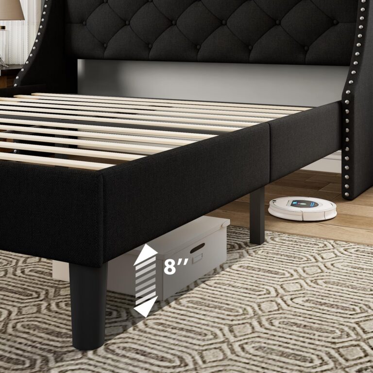 Feonase Queen Bed Frame with Luxury Wingback and Fast Charging Station,Upholstered Button Tufted Storage Headboard Platform Bed,Sturdy Wooden Slats Support,Noise-Free,Easy Assembly,Matte Black - Image 2