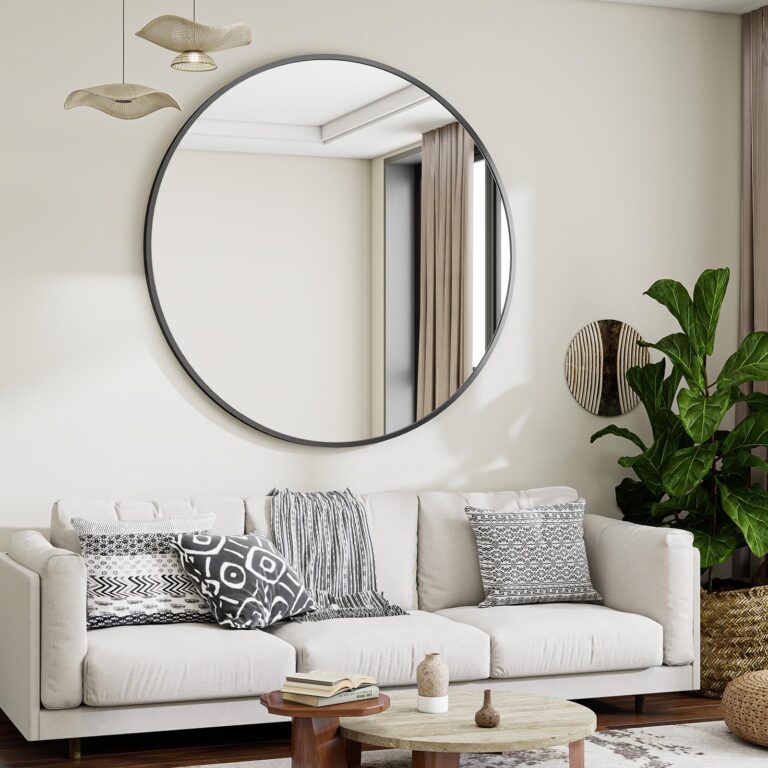 VooBang Black Round Bathroom Mirror, 48 inch Circle Modern Wall Mirror with Simple Metal Frame, Hanging for Bathroom, Hallway, Living Room, Black Frame - Image 7