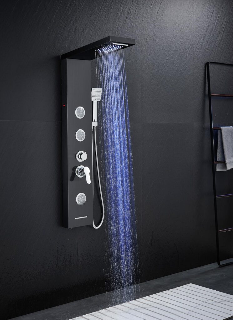 TSIBOMU Multi-Function LED Lights Shower Panel System Black, 5 in 1 Shower Panel Include Rainfall & Waterfall Shower Head, 3 Pcs Adjustable Massage Jets, Handheld Shower, Tub Spout - Image 3