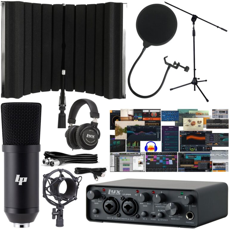 LyxJam 2x2 USB Audio Interface with Asio Driver and NEW Creative Software Bundle with LP Professional Condenser Microphone Kit, Mic Stand and Recording Headphones, Isolation Recording Shield