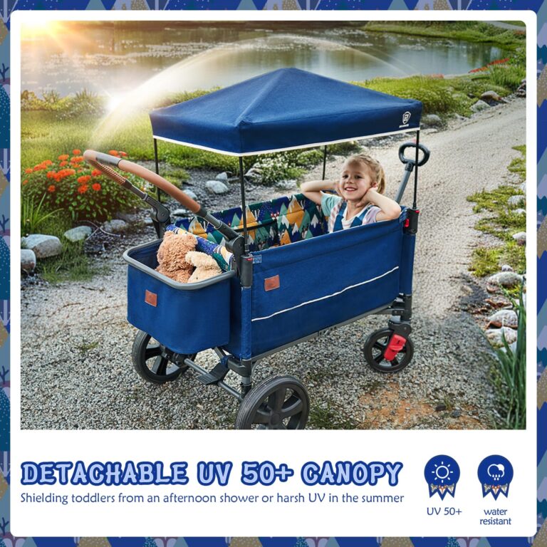 EVER ADVANCED Side-Unzip Wagon Stroller for 2 Kids, Push Pull Stroller with Adjustable Handle, Easy Access Zipper Door, 5-Point Harness, UV-Protection Canopy Shock-Absorbing Wheels, Fox Printing - Image 7