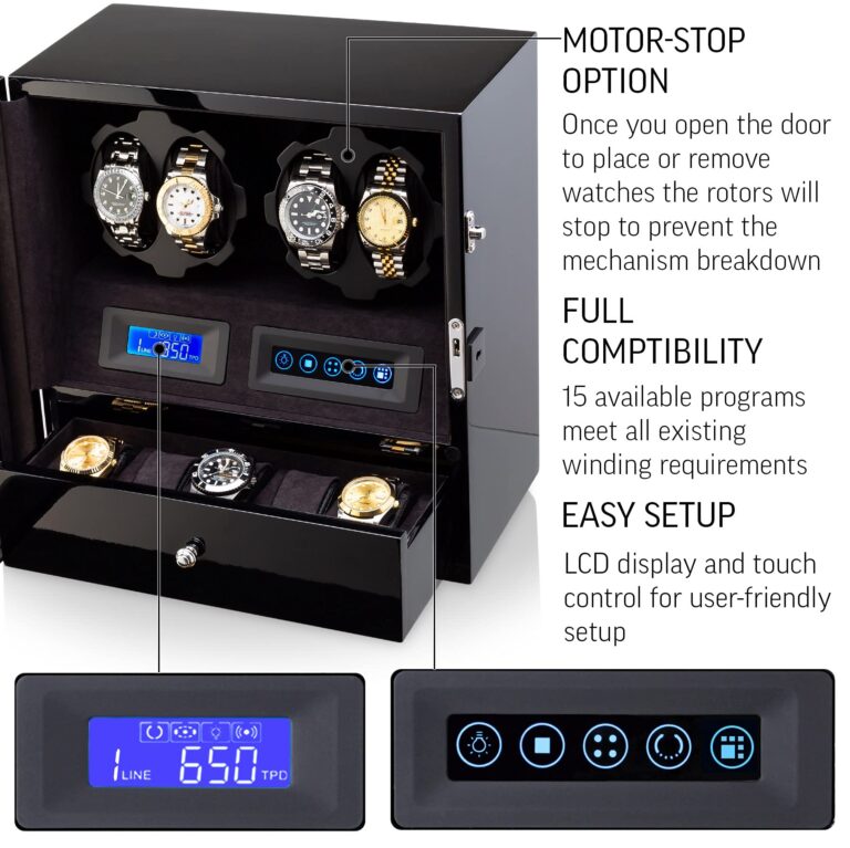 4 Watch Winder with 5 Watch Storage Space, LCD Display, Touch Control and Interior Light (Black + Black Velvet) - Image 4