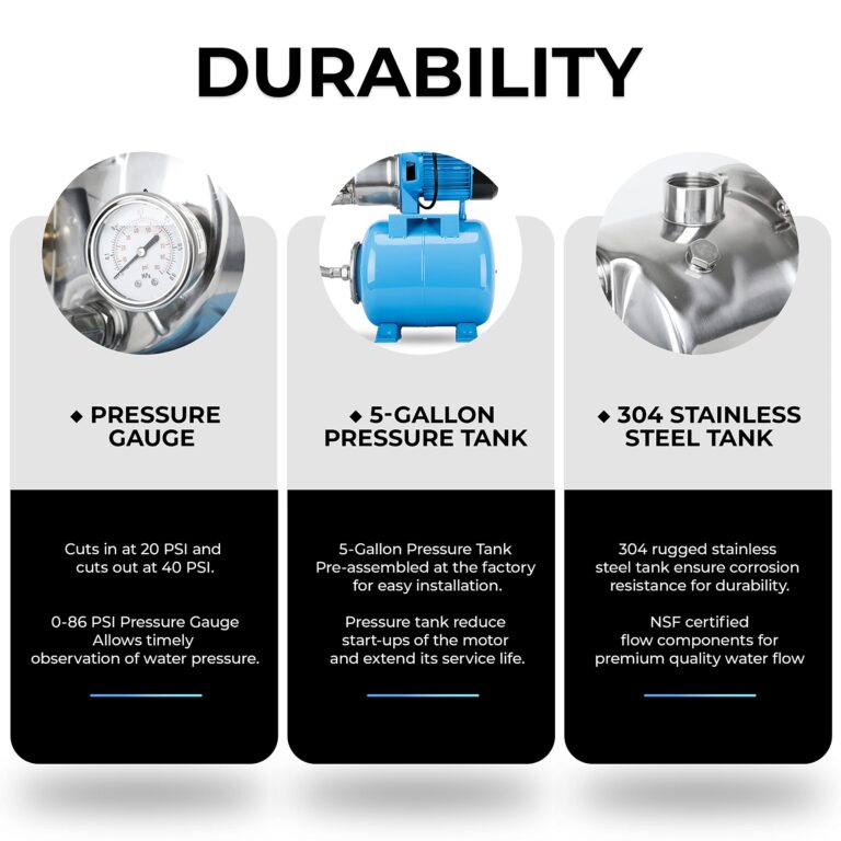 BOMGIE Shallow Well Pump with Pressure Tank 1.5HP, Irrigation Jet Pump 1200 GPH Automatic Booster Sprinkler System,Stainless Steel Water Transfer Camp Pumps for Home, Garden, Lawn - Image 3