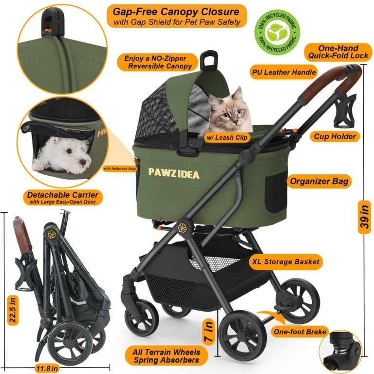 PAWZIDEA Cat Stroller 4 in 1, Pet Stroller for Small/Medium Dogs with Detachable Carrier Easy Lock NO-Zip Canopy, Seatbelt Dog Car Seat, Cozy House, Foldable Dog Jogger Strollers, Large Storage Basket - Image 5