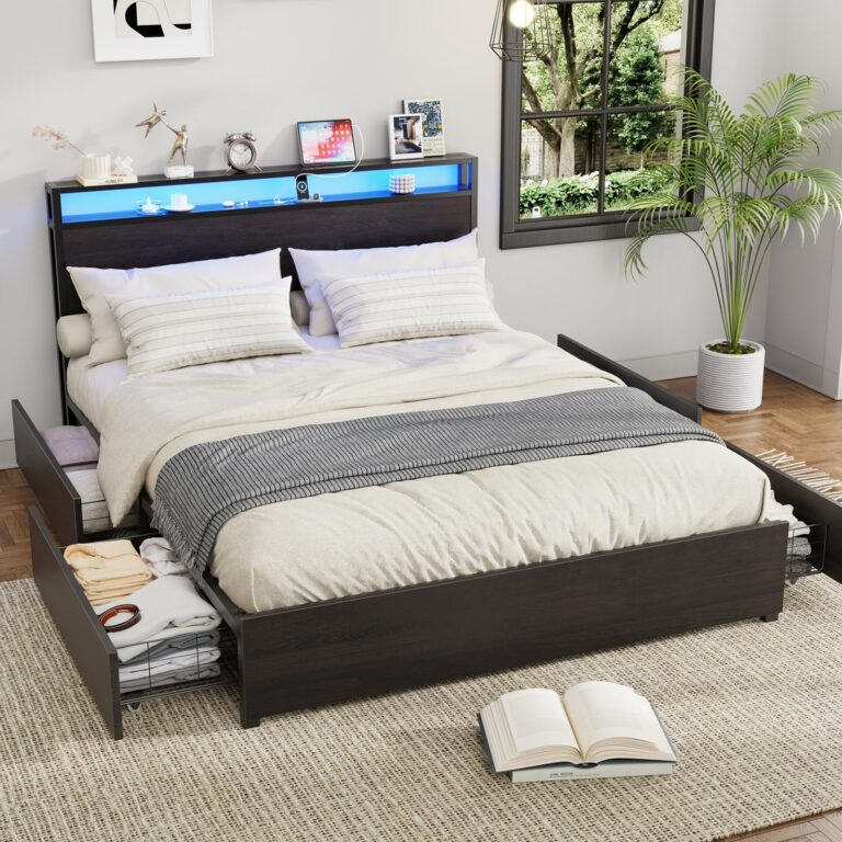 Kiivakii Full Size Bed Frame with Headboard, LED Platform Bed with 4 Storage Drawers, Built in Charging Station, Noise-Free, Metal Support Base, No Box Spring Needed, Black - Image 3