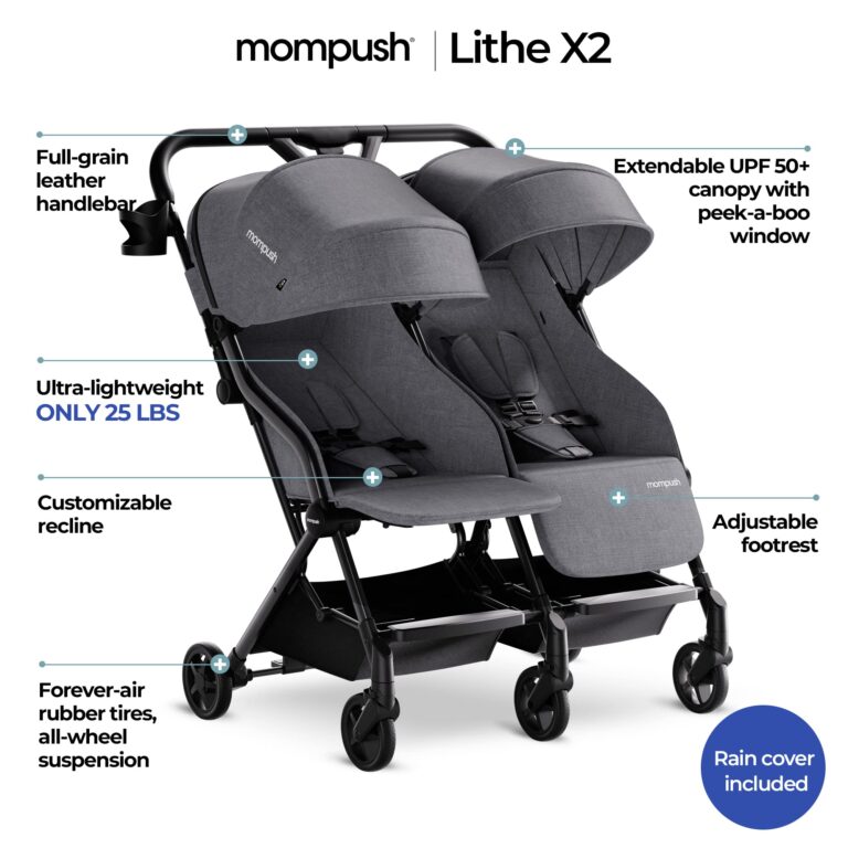 Mompush Lithe Double Ultralight Stroller, Lightweight Side by Side Stroller, Two Large Seats with Individual Recline, Easy Fold Grey - Image 8