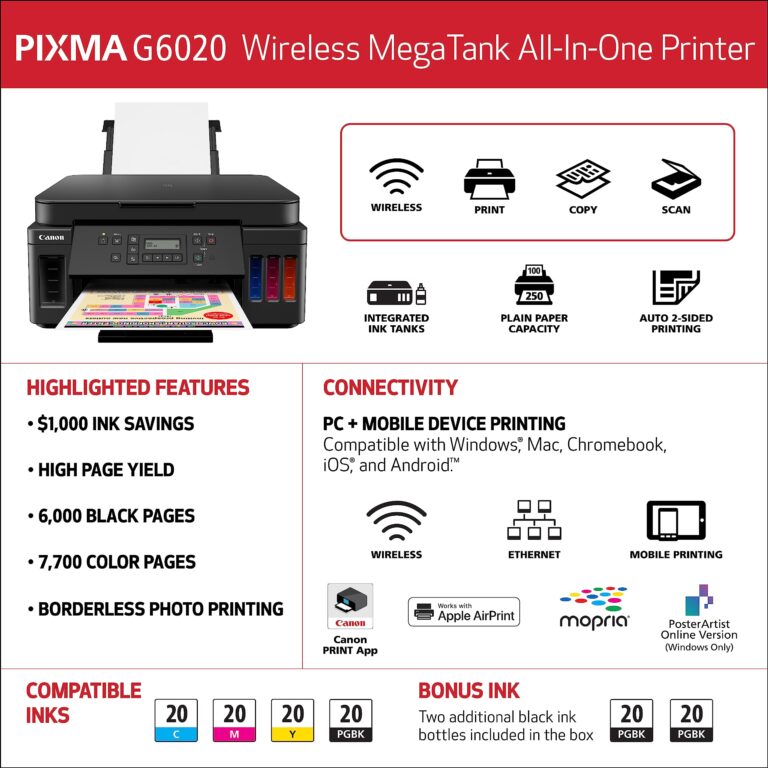 Canon PIXMA G6020 All-in-One Supertank Wireless (Megatank) Printer, Copier and Scan with Mobile Printing, Black, Works with Alexa - Image 3