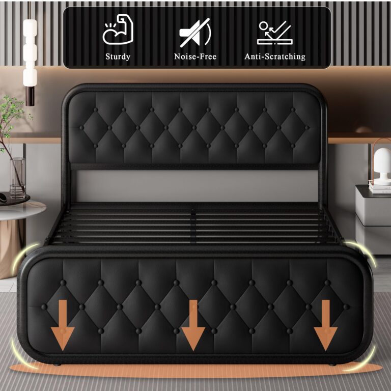 Feonase Full Size Bed Frame, Heavy Duty Bed Frame with Faux Leather Headboard, Upholstered Platform Bed with Strong Metal Slats, 12" Under-Bed Storage, Noise-Free, Easy Assembly, Black - Image 4