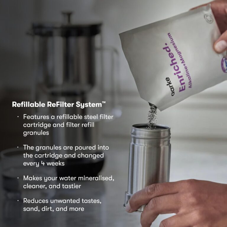 aarke Purifier Large - 1.66 L Glass Water Filter Pitcher Bundle, Refillable Stainless Steel Filter, BPA-Free, Includes (3-Pack) Refill Enriched Granules, Reduce Heavy Metals and Adds Minerals - Image 7