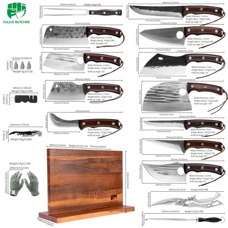 FULLHI 19pcs Butcher Chef Knife Block Set with Meat Fork Scissors Knife Holder, High Carbon Steel Full Tang Cleaver Kitchen Knife Set for Home, BBQ, Camping - Image 8