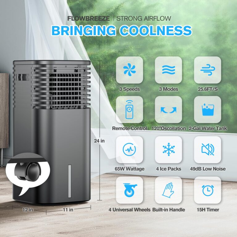 24" Windowless Portable Air Conditioner, 15H Timer & 120°Oscillation, 3-IN-1 Portable AC Unit with Remote, 2-Gal Tank, 3 Modes & 3 Speeds, Ultra-Quiet Ventless Swamp Cooler for Room Home Office, Black - Image 9
