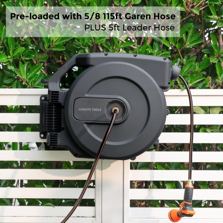 Giraffe Tools AW505/8 Retractable Garden Hose Reel 5/8" x 115+5 ft, Heavy Duty Wall Mounted Water Hose Reel Automatic Rewind, 180 Deg Swivel Bracket, Slow Retraction, 115ft, Dark Grey - Image 6