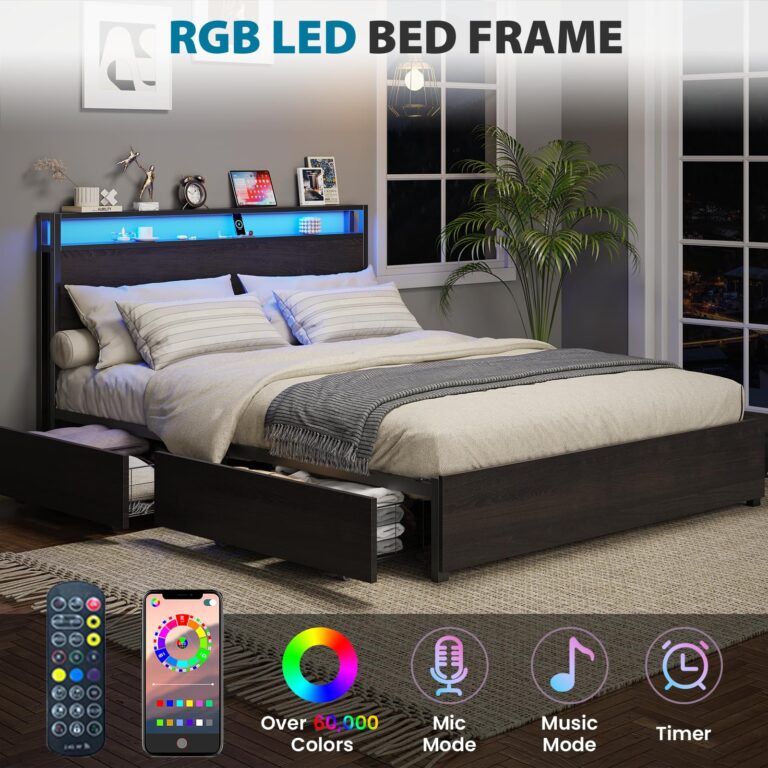 Kiivakii Full Size Bed Frame with Headboard, LED Platform Bed with 4 Storage Drawers, Built in Charging Station, Noise-Free, Metal Support Base, No Box Spring Needed, Black - Image 7