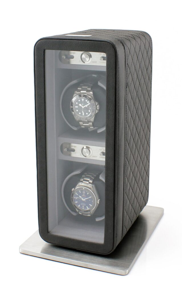 Heiden Monaco Double Watch Winder in Black Leather - Battery Powered or AC Adapter, 12 Program Settings, Diamond Stitched Vegan Leather, Soft Linen Interior, Large Interior Space for Large Watches - Image 6
