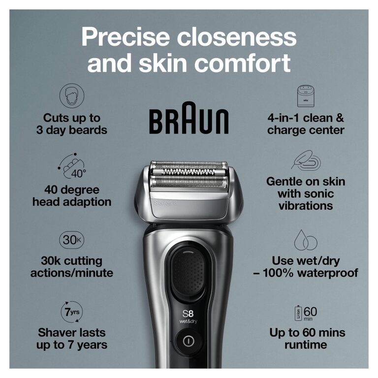 Braun Electric Razor for Men, Series 8 8457cc Electric Foil Shaver with Precision Beard Trimmer, Cleaning & Charging SmartCare Center, Galvano Silver - Image 9