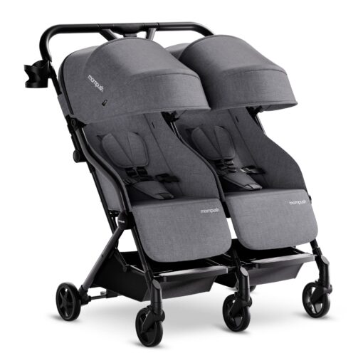 Mompush Lithe Double Ultralight Stroller, Lightweight Side by Side Stroller, Two Large Seats with Individual Recline, Easy Fold Grey
