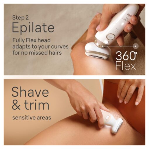 Braun Epilator Silk-épil 9 Flex SkinSpa, Hair Removal Device, 360 Flex and Pivoting Head, Wet and Dry, Includes Shaver Head, Trimmer Comb, Massage Pad, Exfoliation Brush and BodyTrimmer, SES9-481 3D - Image 4