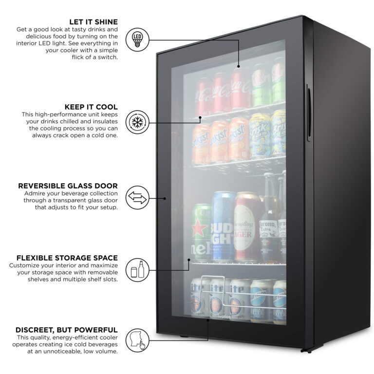 Ivation 126 Can Beverage Refrigerator | Freestanding Ultra Cool Mini Drink Fridge | Beer, Cocktails, Soda, Juice Cooler for Home & Office | Reversible Glass Door & Adjustable Shelving - Black - Image 3