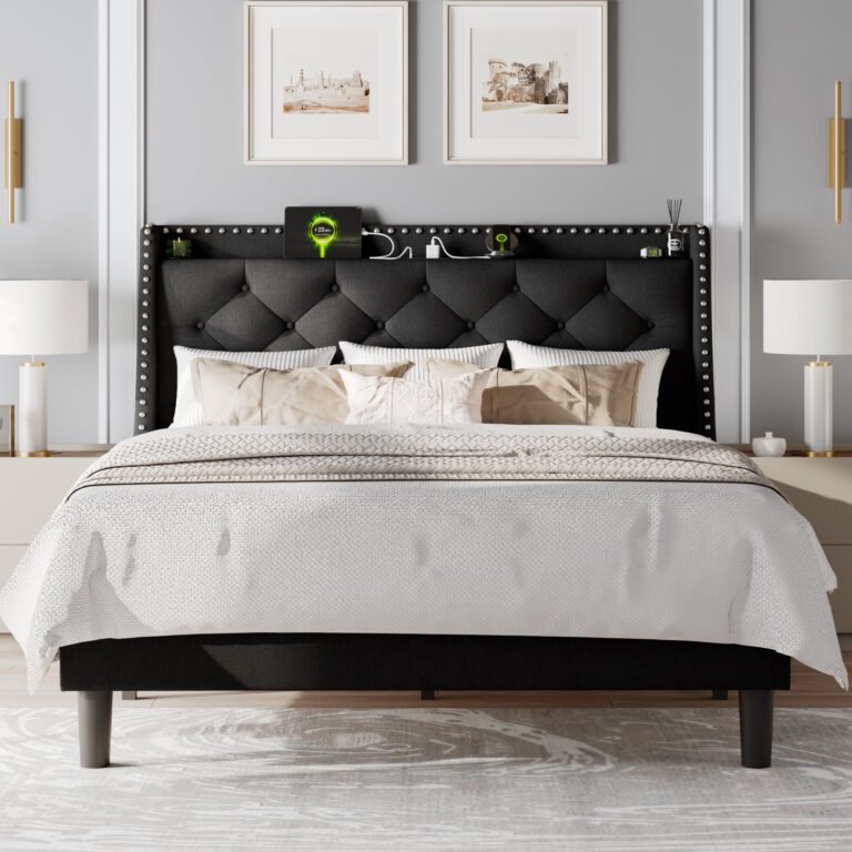 Feonase Full Size Bed Frame with Luxury Wingback and Fast Charging Station,Full Upholstered Button Tufted Storage Headboard Platform Bed,Sturdy Wooden Slats Support,Noise-Free,Easy Assembly,Black - Image 2