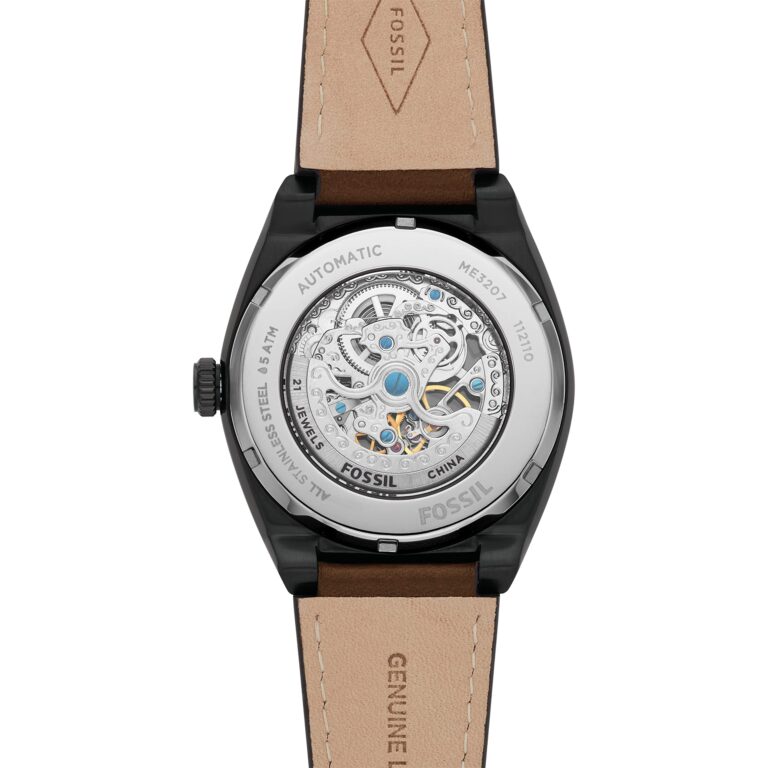 Fossil Men's Everett Automatic Stainless Steel and Leather Three-Hand Watch, Color: Black, Brown (Model: ME3207) - Image 5