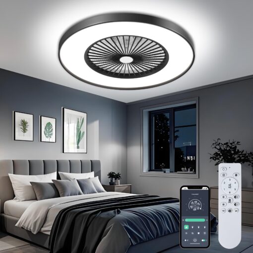 KAMLAM 24" Bladeless Ceiling Fan with Light, Low Profile Ceiling Fan, Modern Flush Mount Ceilings Fans with Remote & APP Control, Enclosed Ceilings LED Dimmable Lighting Black