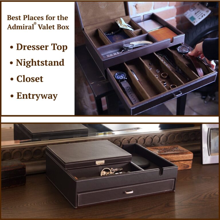 Mens Watch Box Leather Valet Tray - Bedside Table Organizer, Men's Jewelry Box, Watch Case for Men with Large Smartphone Charging Station - Jewelry Box for Men with Valet Box and Nightstand Organizer - Image 3