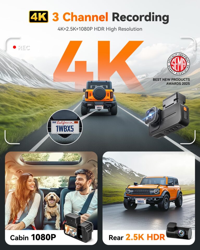 WOLFBOX X5 New 3 Channel 4K HDR Dash Cam, STARVIS 2 IMX678,4K+2.5K+1080P Front and Rear Inside Car Camera with 128GB Card, Voice Control, 5.8GHz WiFi GPS, Touch Screen, Digital Signal, Support 512GB - Image 9