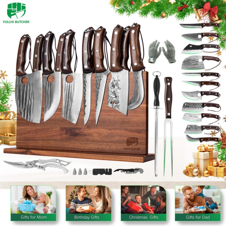 FULLHI 19pcs Butcher Chef Knife Block Set with Meat Fork Scissors Knife Holder, High Carbon Steel Full Tang Cleaver Kitchen Knife Set for Home, BBQ, Camping - Image 4
