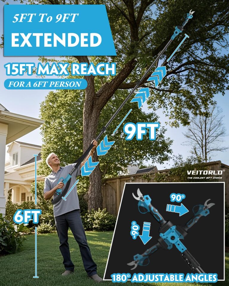 VEITORLD 2-IN-1 Cordless Electric Pole Pruning Shears, 15ft Reach, 1.2" Cutting Diameter, Battery Powered with 2x 2000mAh, Brushless Motor for Efficient Garden Tree Trimming, Branch Cutting（Blue） - Image 7